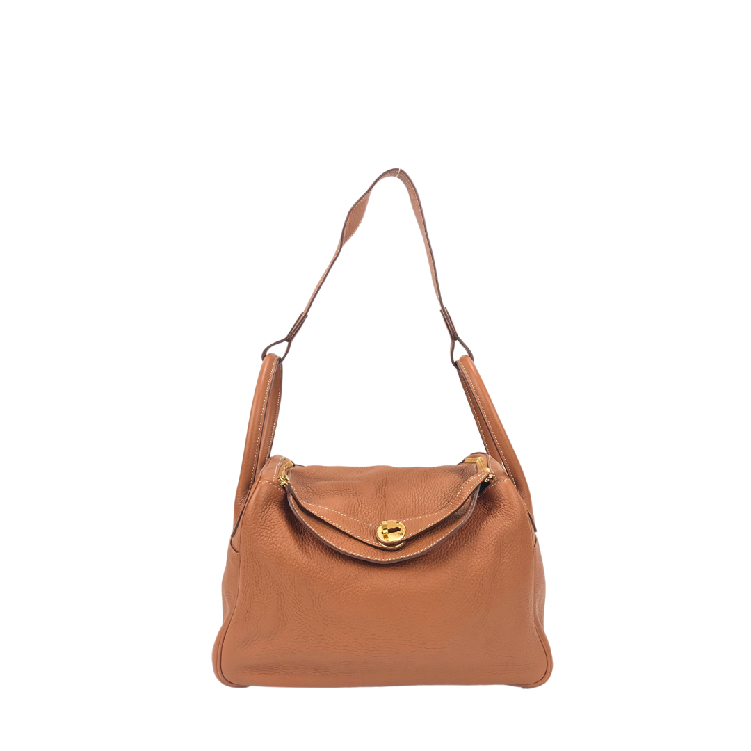 Hermes 30cm Brown Clemence Leather Lindy Bag