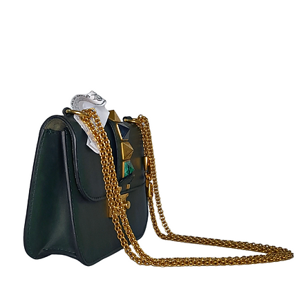 Valentino Green/Black Leather Small Rockstud Glam Lock Flap Bag