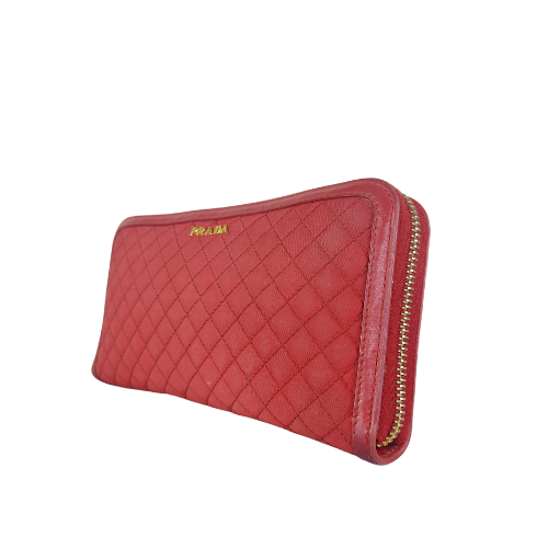 Prada Red Nylon Leather Quilted Zip Around Wallet