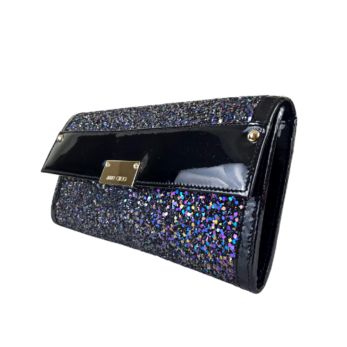 Jimmy Choo Navy Glitter and Black Patent Leather Trim Reese Wallet Clutch