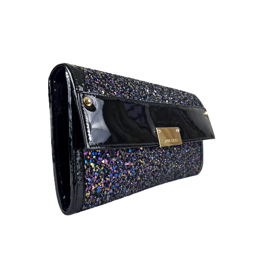 Jimmy Choo Navy Glitter and Black Patent Leather Trim Reese Wallet Clutch