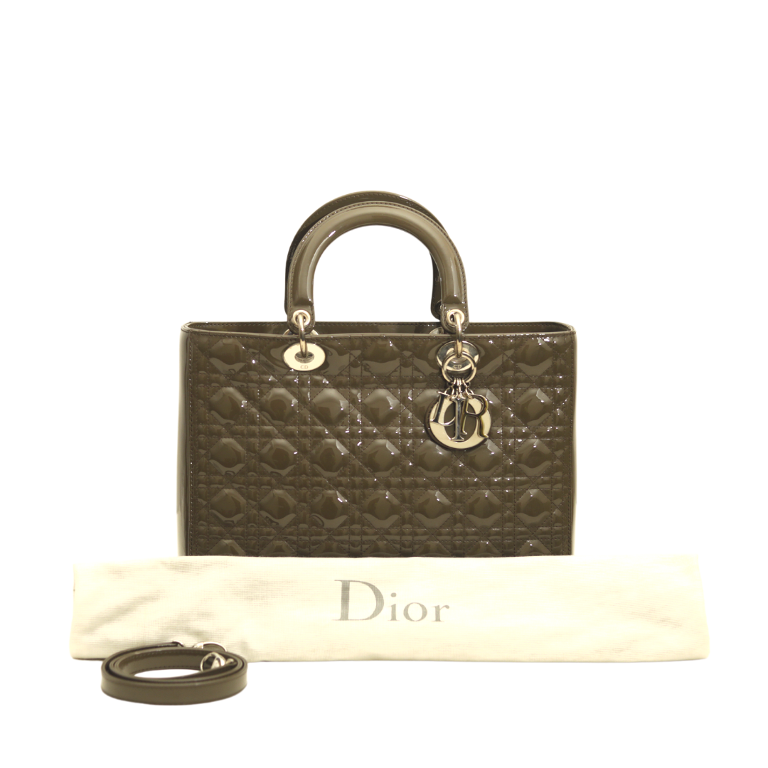 Christian Dior Large Lady Dior Green Patent Leather Bag