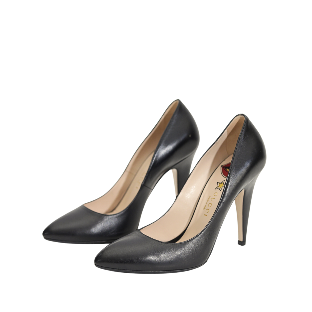 Gucci Molina Black Leather Pointed Toe Pumps Size 38
