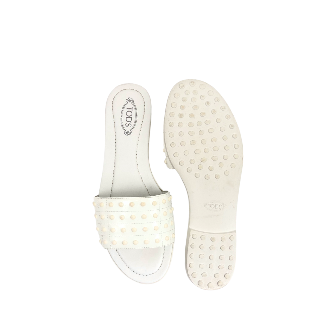 Tods White Patent Leather Flat Slide Sandals with Studs