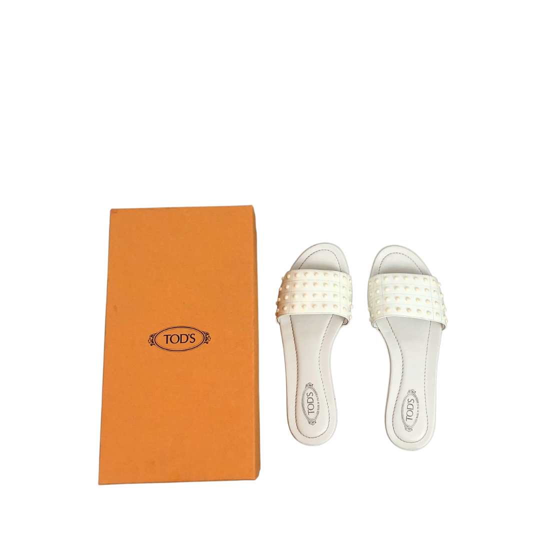 Tods White Patent Leather Flat Slide Sandals with Studs