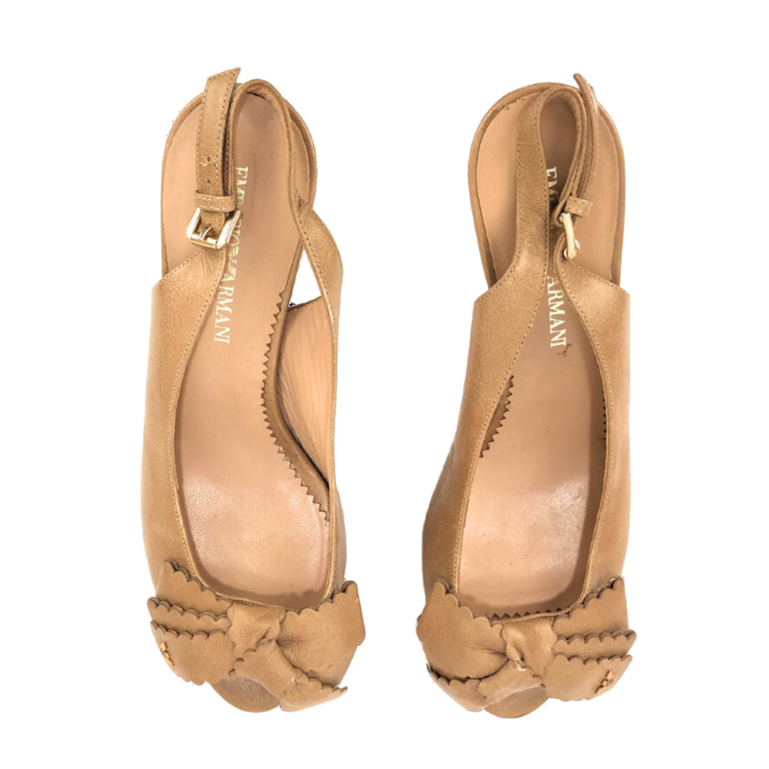 Emporio Armani Beige Smooth Leather Peeptoe Slingback Pumps EU-36