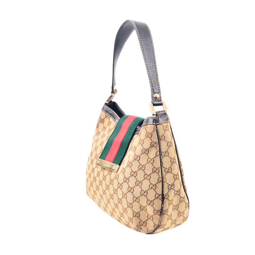 Gucci Beige/ Brown Web-Detail Monogram Canvas Hobo Bag