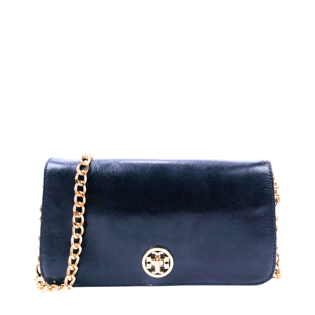 Tory Burch Navy Blue Saffiano Leather Flap Wallet on Chain