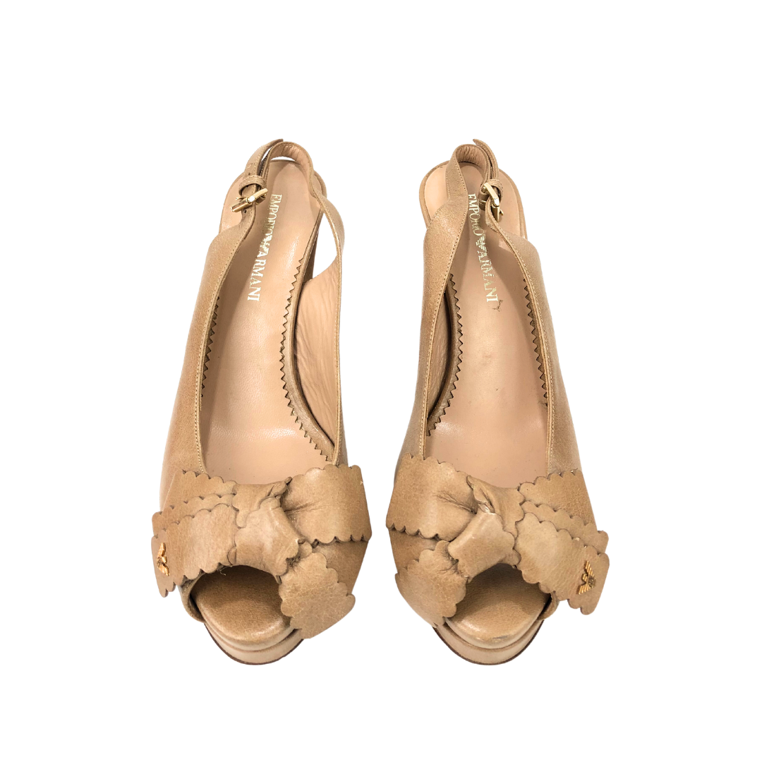 Emporio Armani Beige Smooth Leather Peeptoe Slingback Pumps EU-36