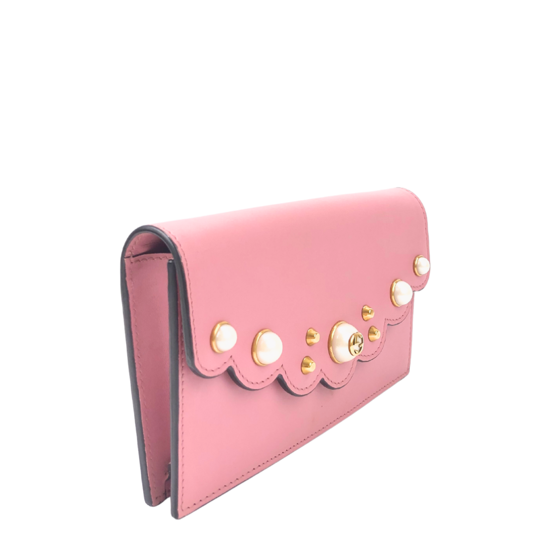 Gucci Pink Leather Peony Pearl Embellished Clutch