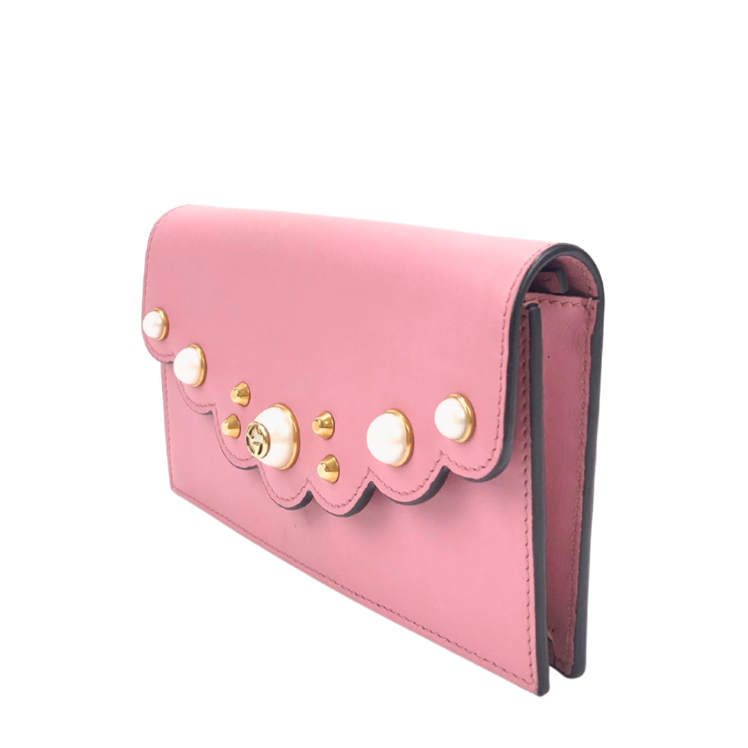 Gucci Pink Leather Peony Pearl Embellished Clutch