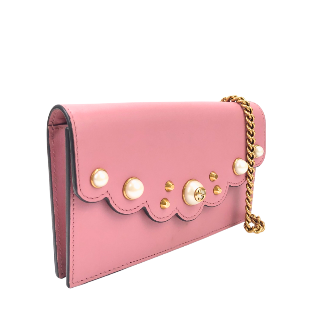 Gucci Pink Leather Peony Pearl Embellished Clutch