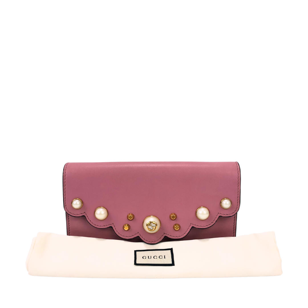 Gucci Pink Leather Peony Pearl Embellished Clutch