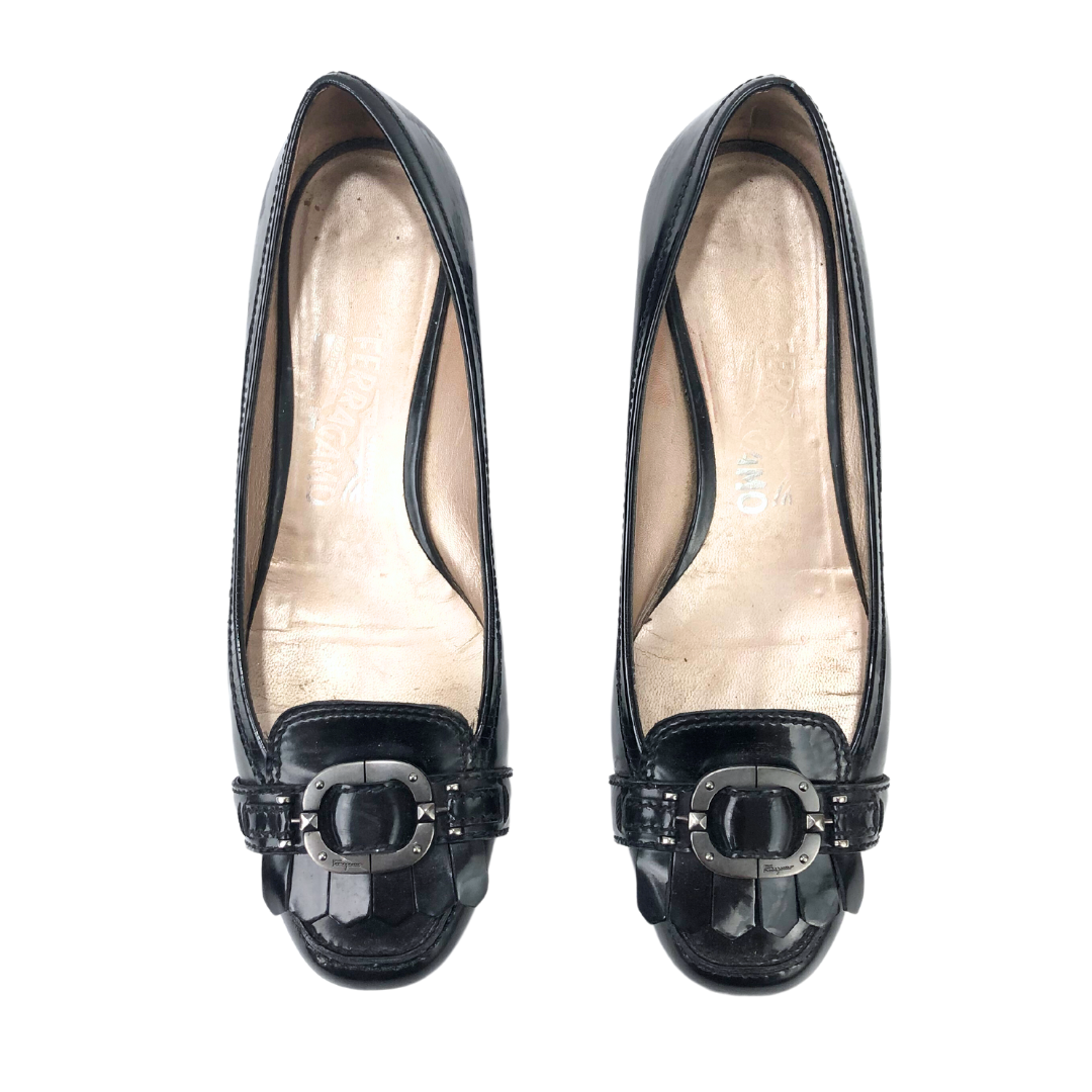 Salvatore Ferragamo Black Patent Fringe Pumps EU-40