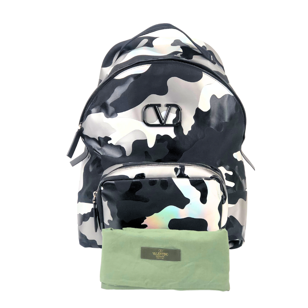 Valentino Garavani Leather Trimmed Camouflage Print Canvas Backpack