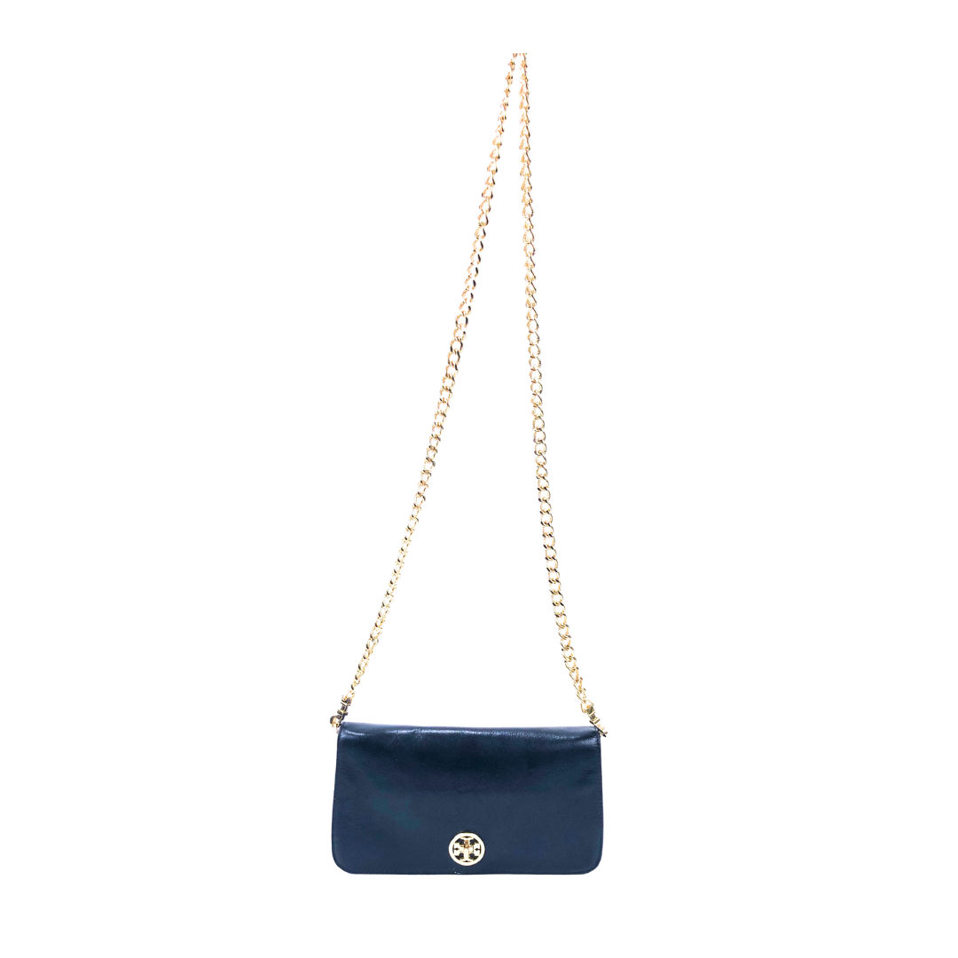 Tory Burch Navy Blue Saffiano Leather Flap Wallet on Chain