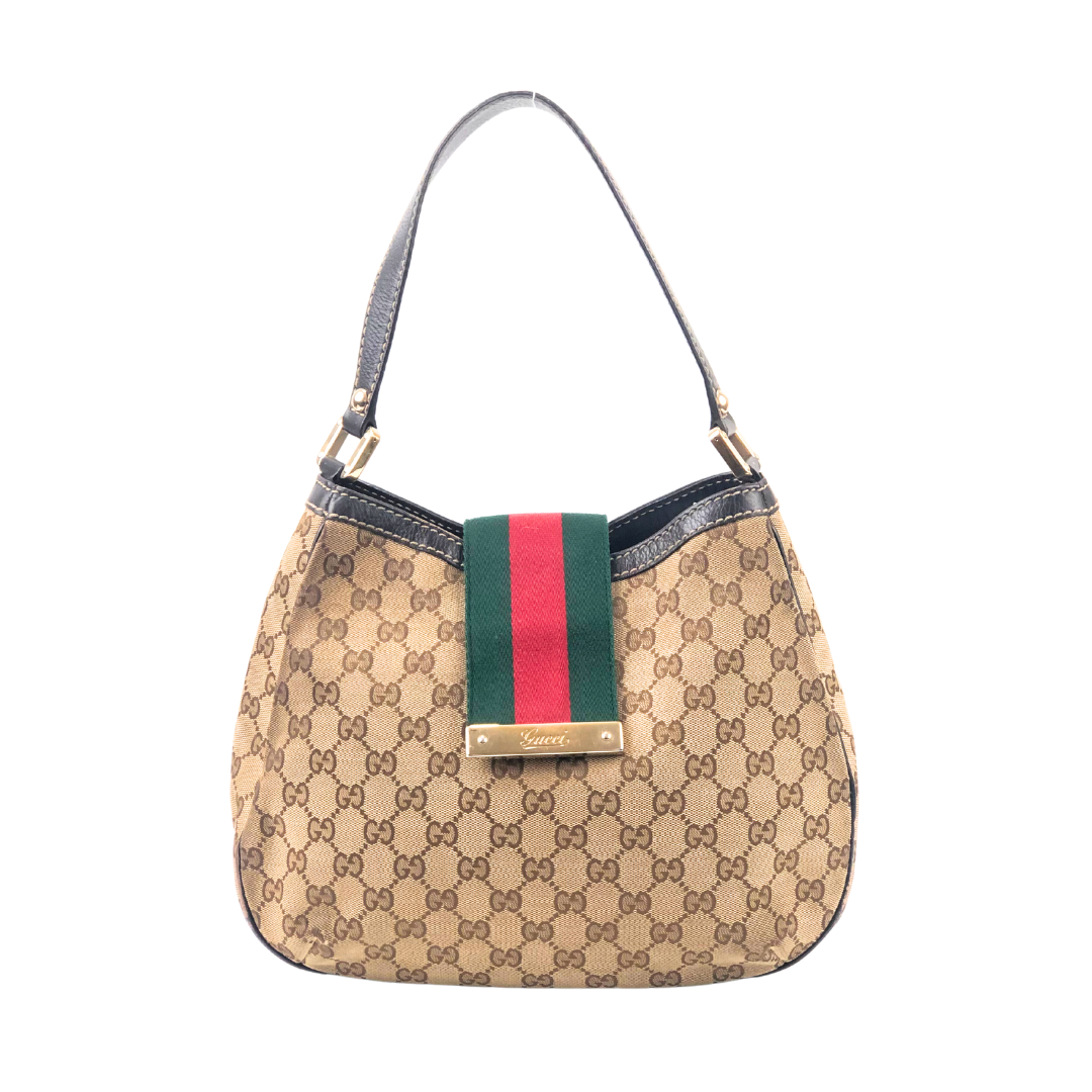 Gucci Beige/ Brown Web-Detail Monogram Canvas Hobo Bag