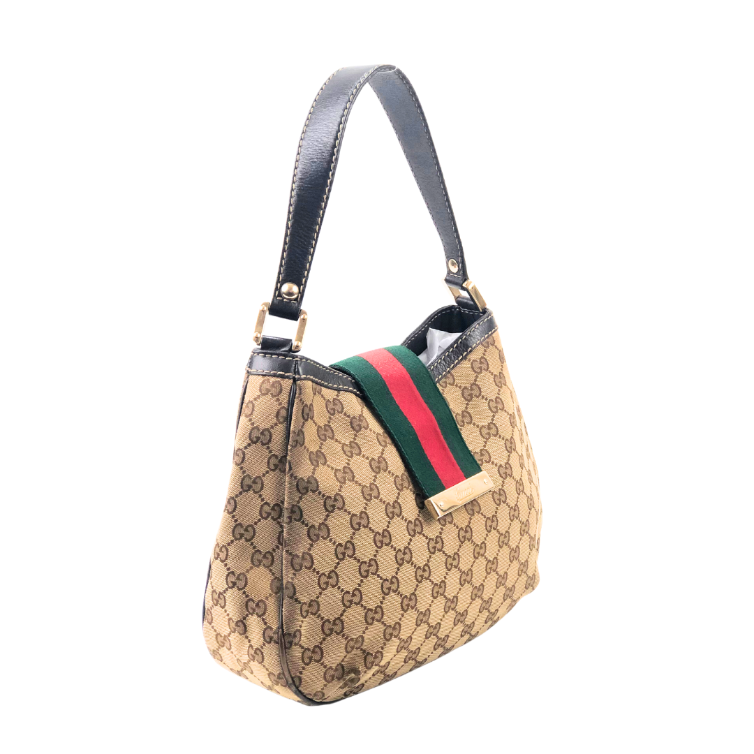 Gucci Beige/ Brown Web-Detail Monogram Canvas Hobo Bag