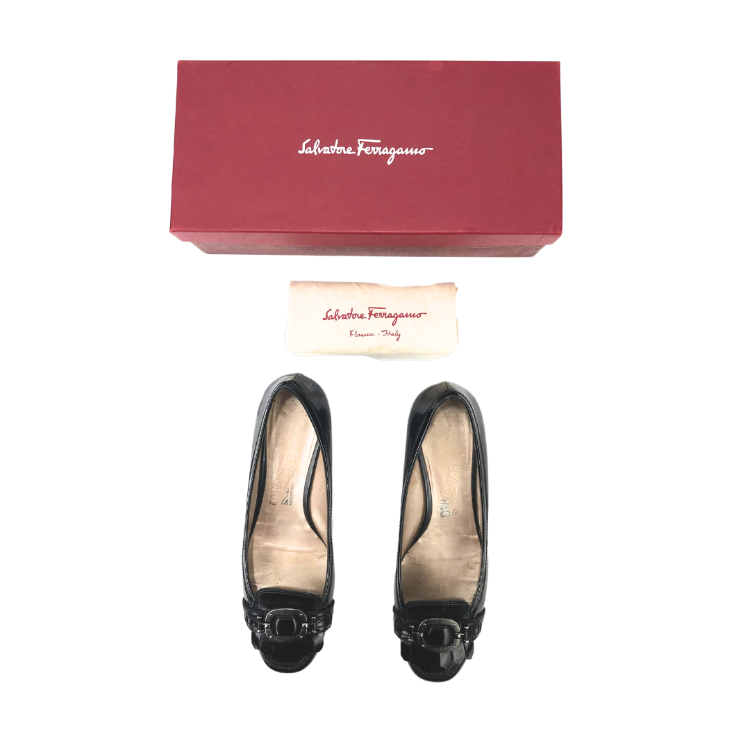 Salvatore Ferragamo Black Patent Fringe Pumps EU-40