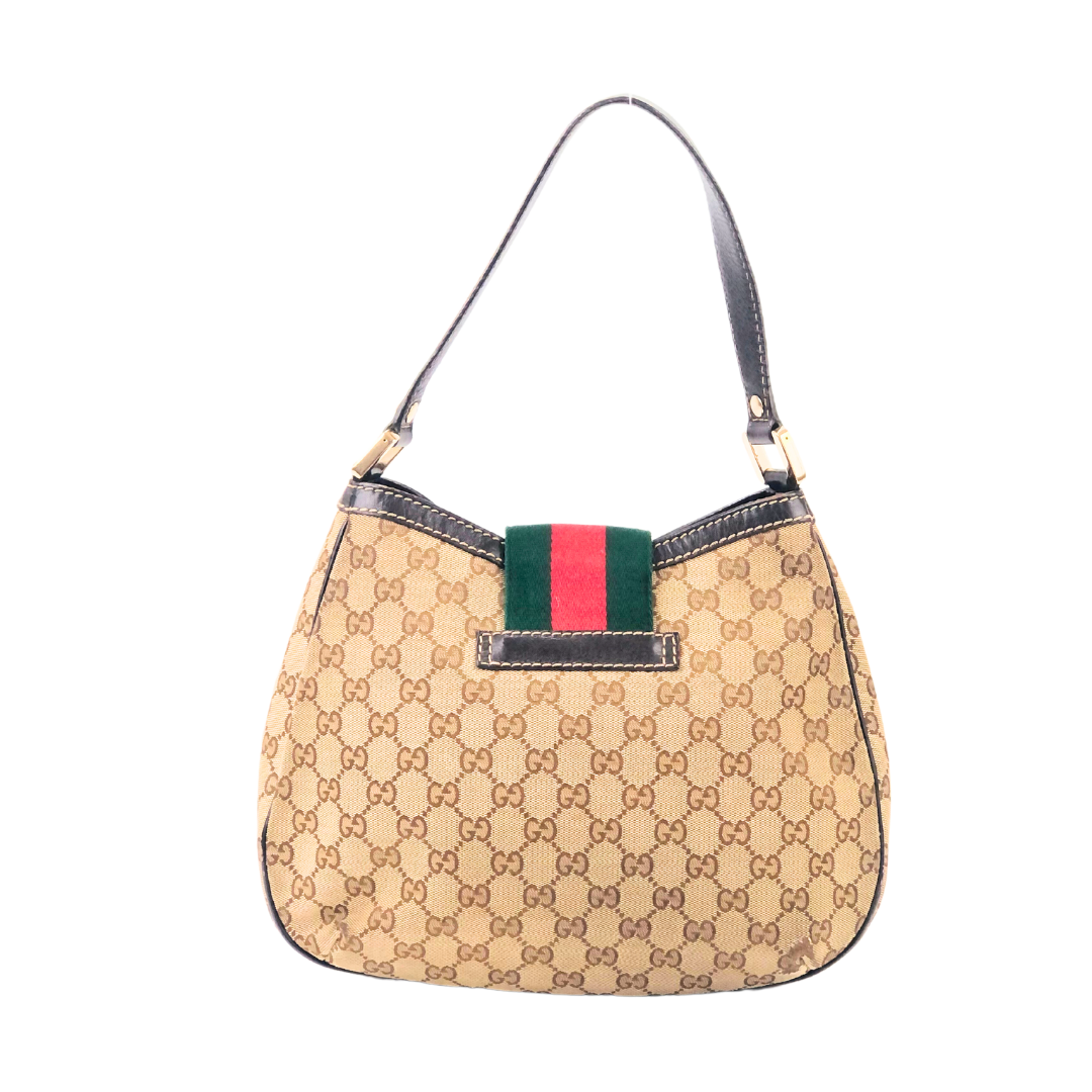 Gucci Beige/ Brown Web-Detail Monogram Canvas Hobo Bag