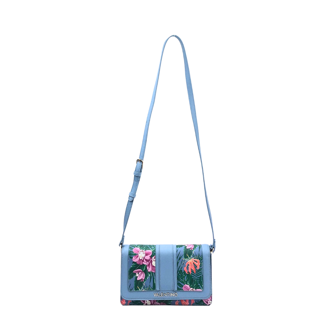 Valentino Floral Blue Printed Leather Flap Shoulder Bag