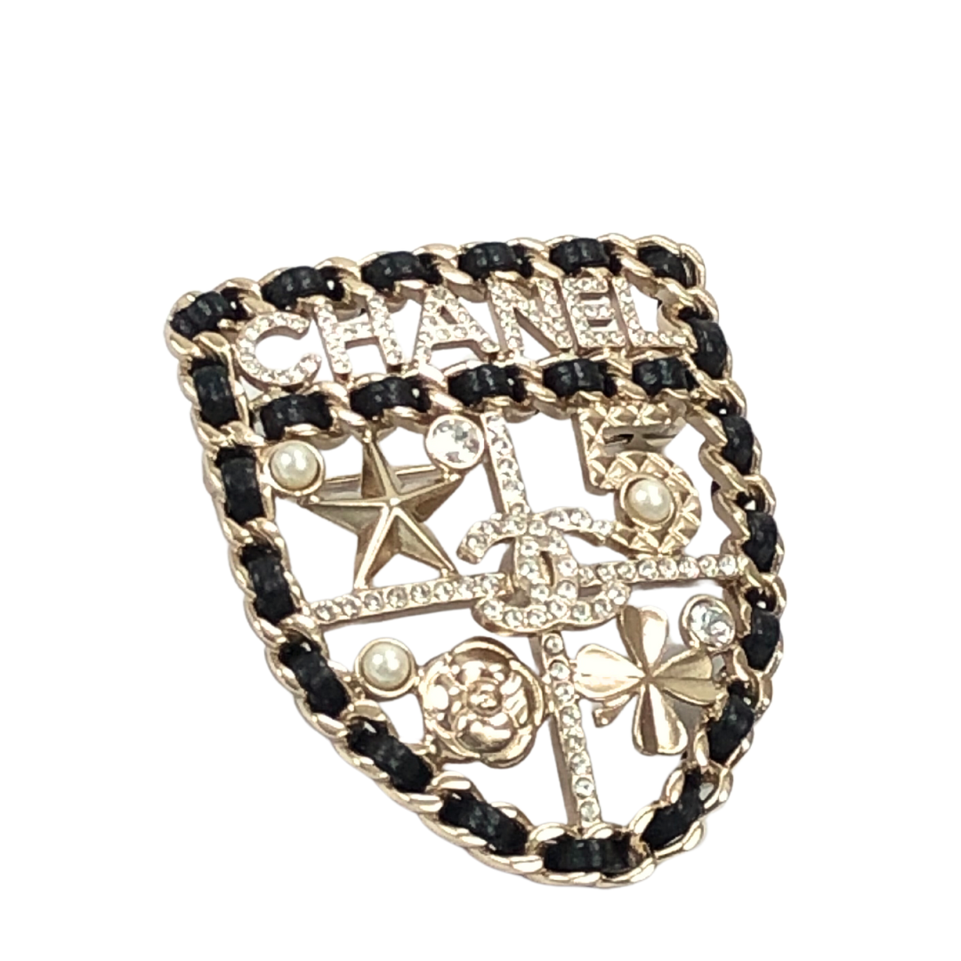 Chanel Vintage Lambskin Pearl Strass CC Shield Brooch