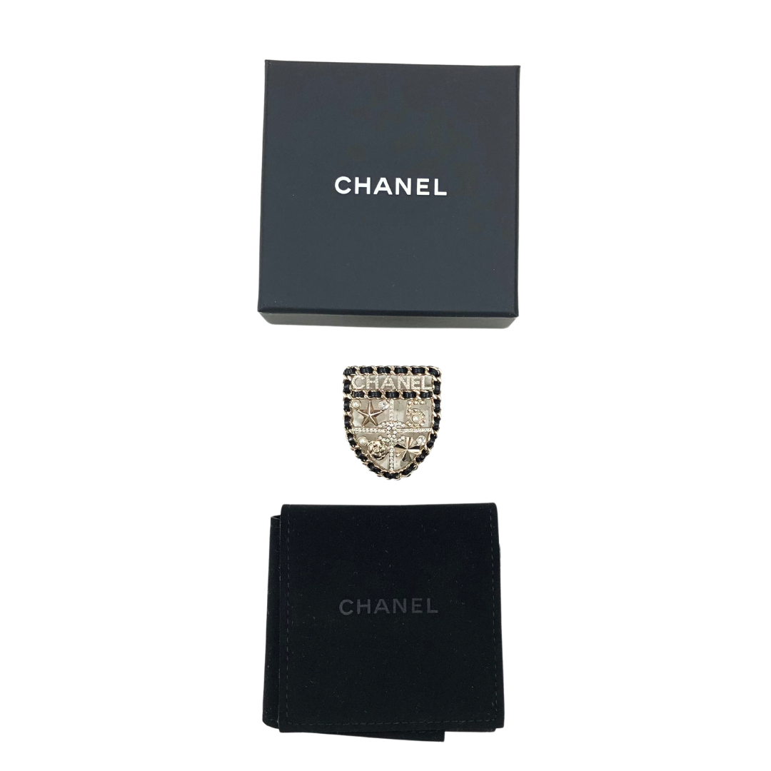Chanel Vintage Lambskin Pearl Strass CC Shield Brooch