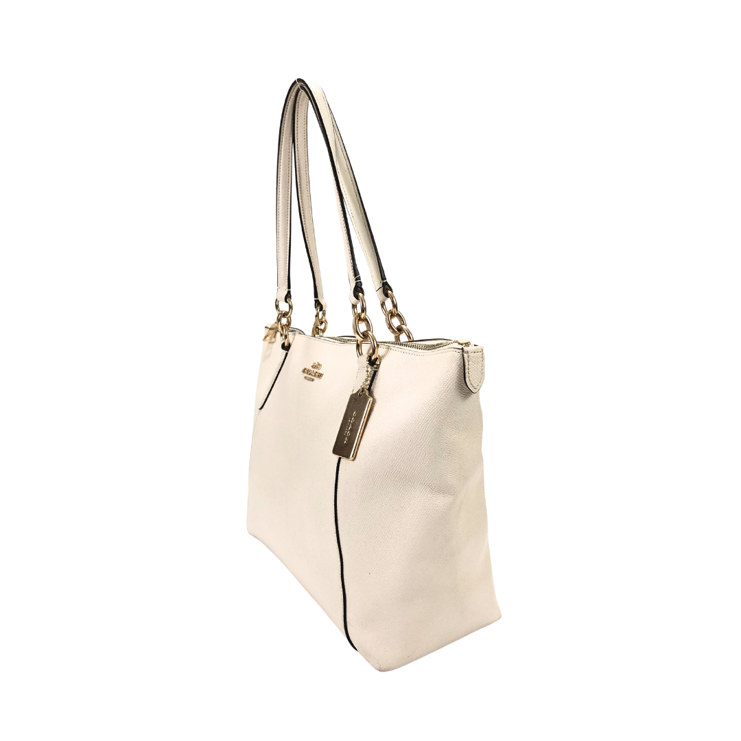 Coach Ava Leather White Tote With Golden Hardware Detailing