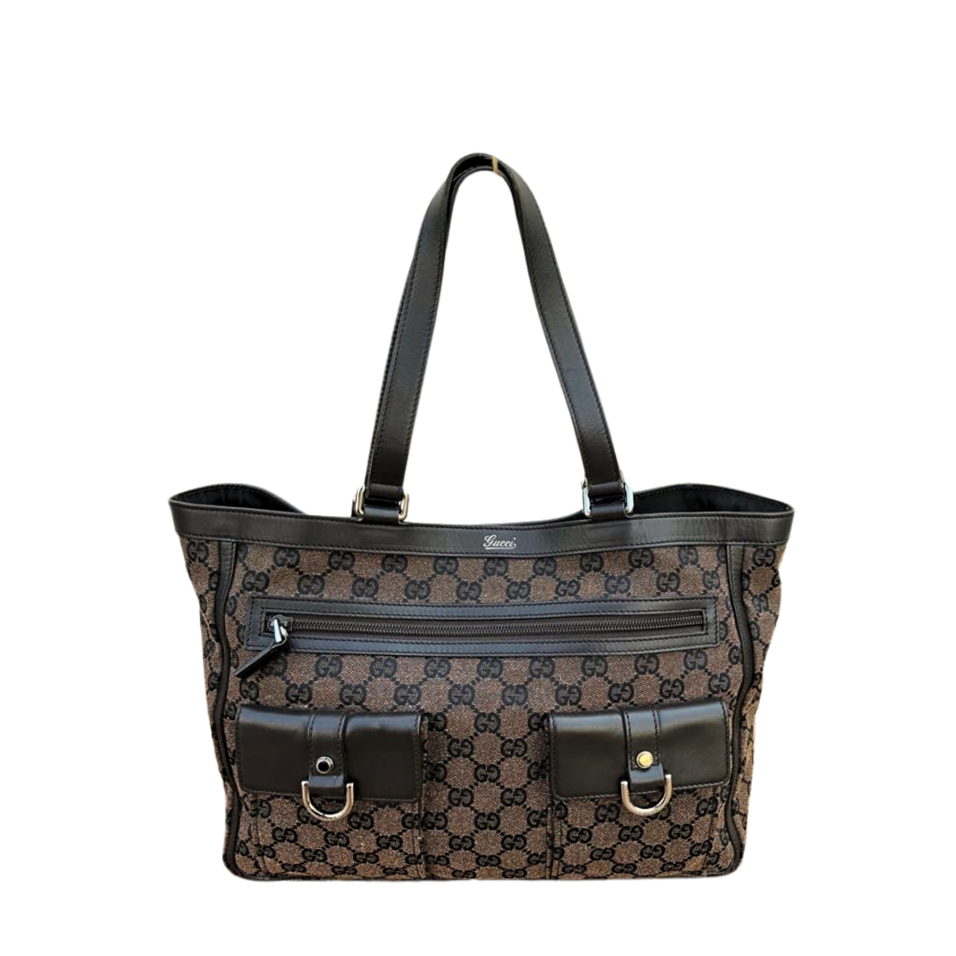 Gucci Dark Brown GG Canvas and Leather Abbey Pocket Tote