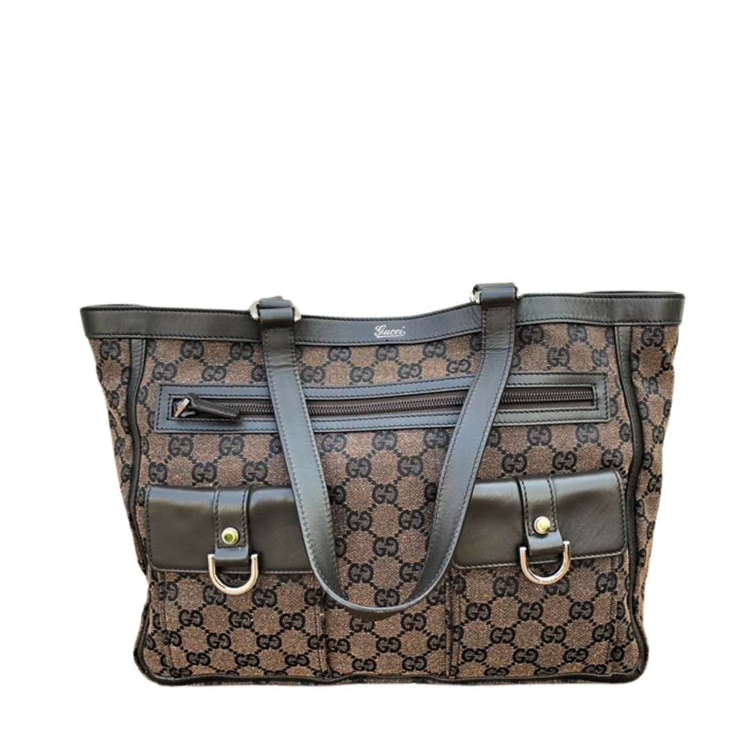 Gucci Dark Brown GG Canvas and Leather Abbey Pocket Tote