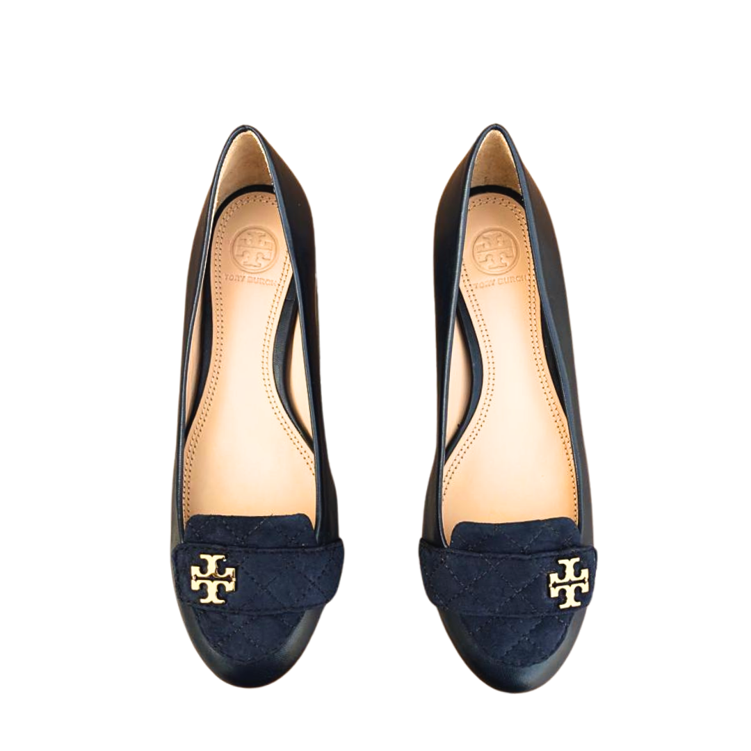 Tory Burch Women's Black Claremont Quilted Velvet Ballet Flat Size EU-38.5