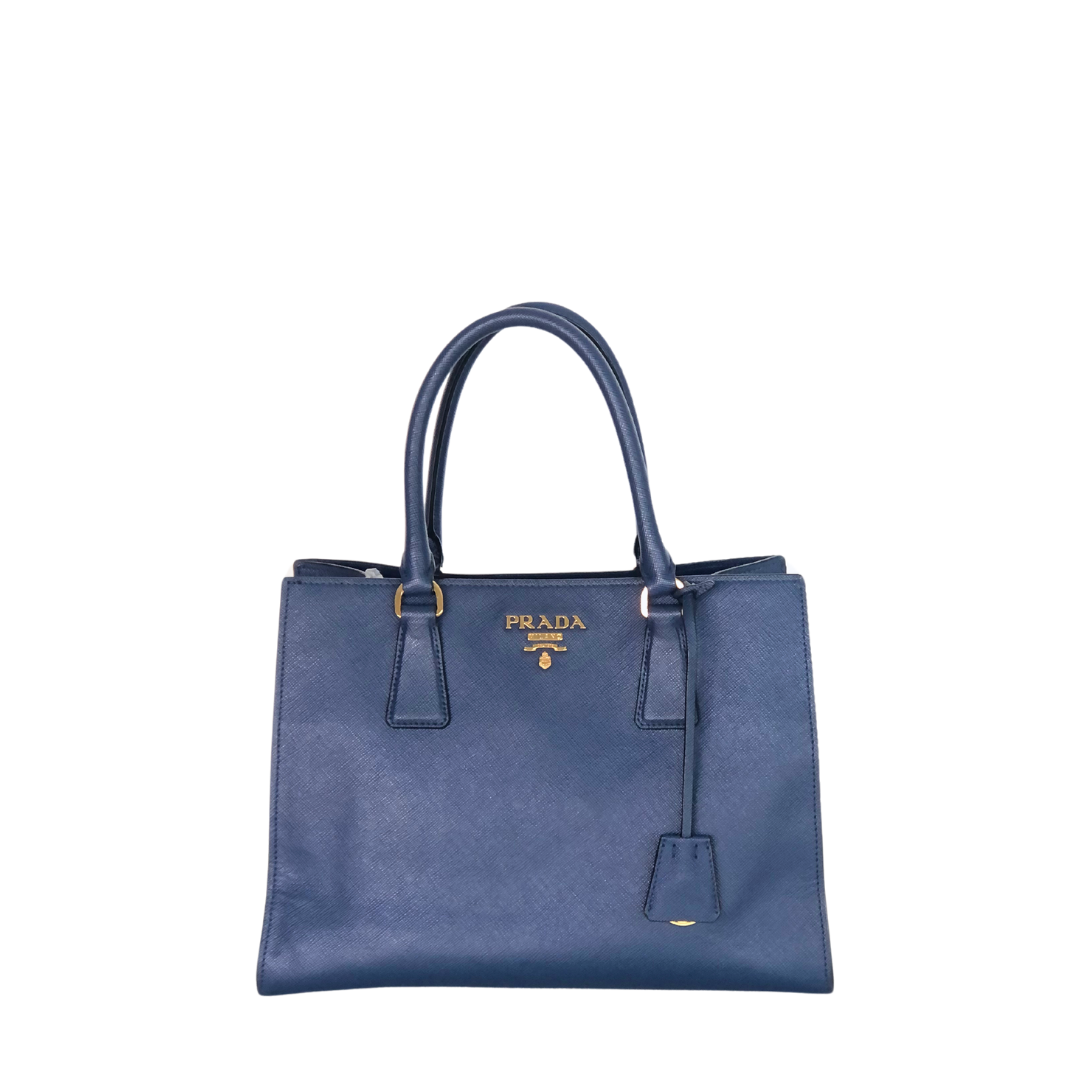 Prada Dark Blue Saffiano Leather Double Handle Open Tote Bag