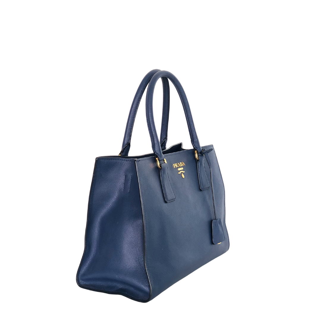 Prada Dark Blue Saffiano Leather Double Handle Open Tote Bag