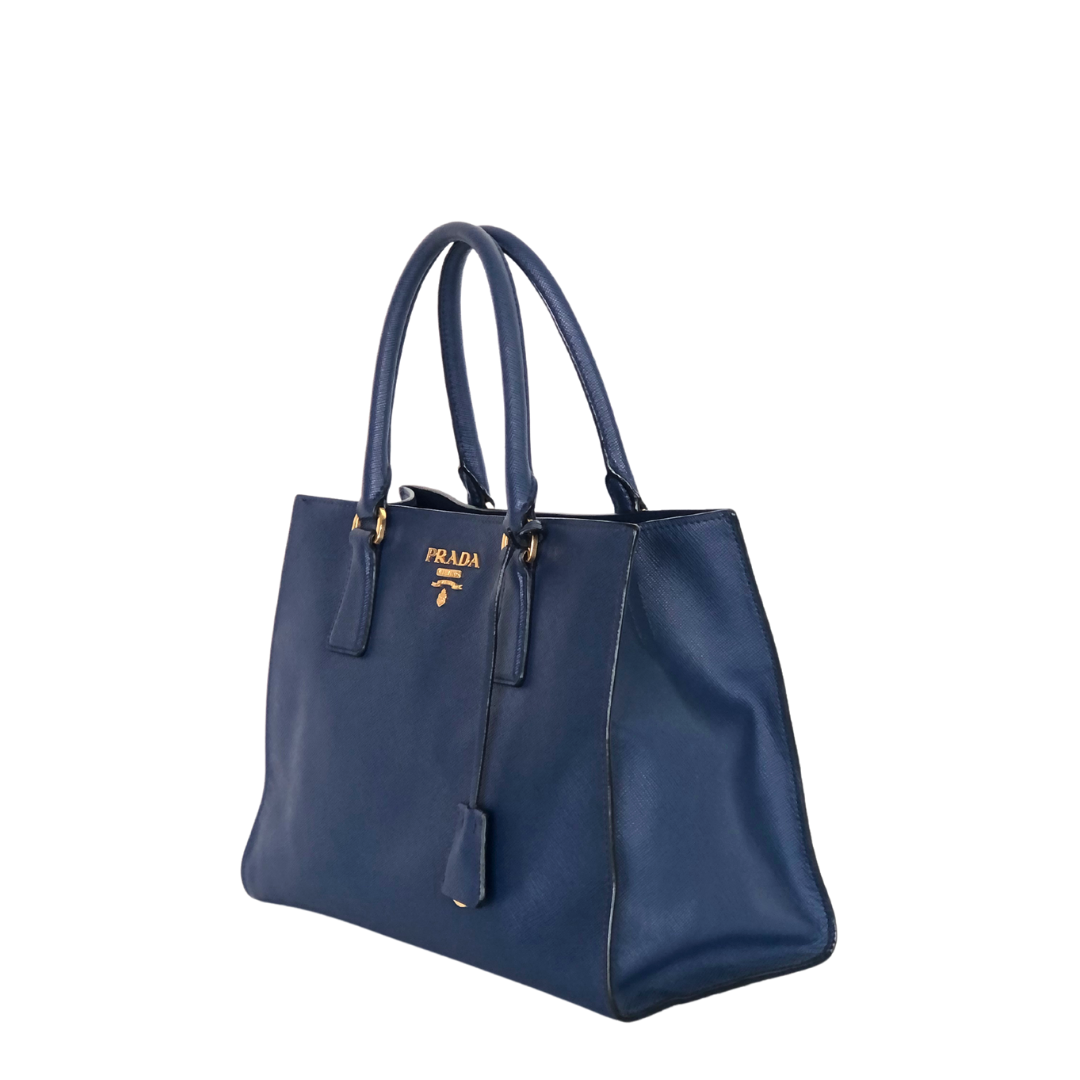 Prada Dark Blue Saffiano Leather Double Handle Open Tote Bag