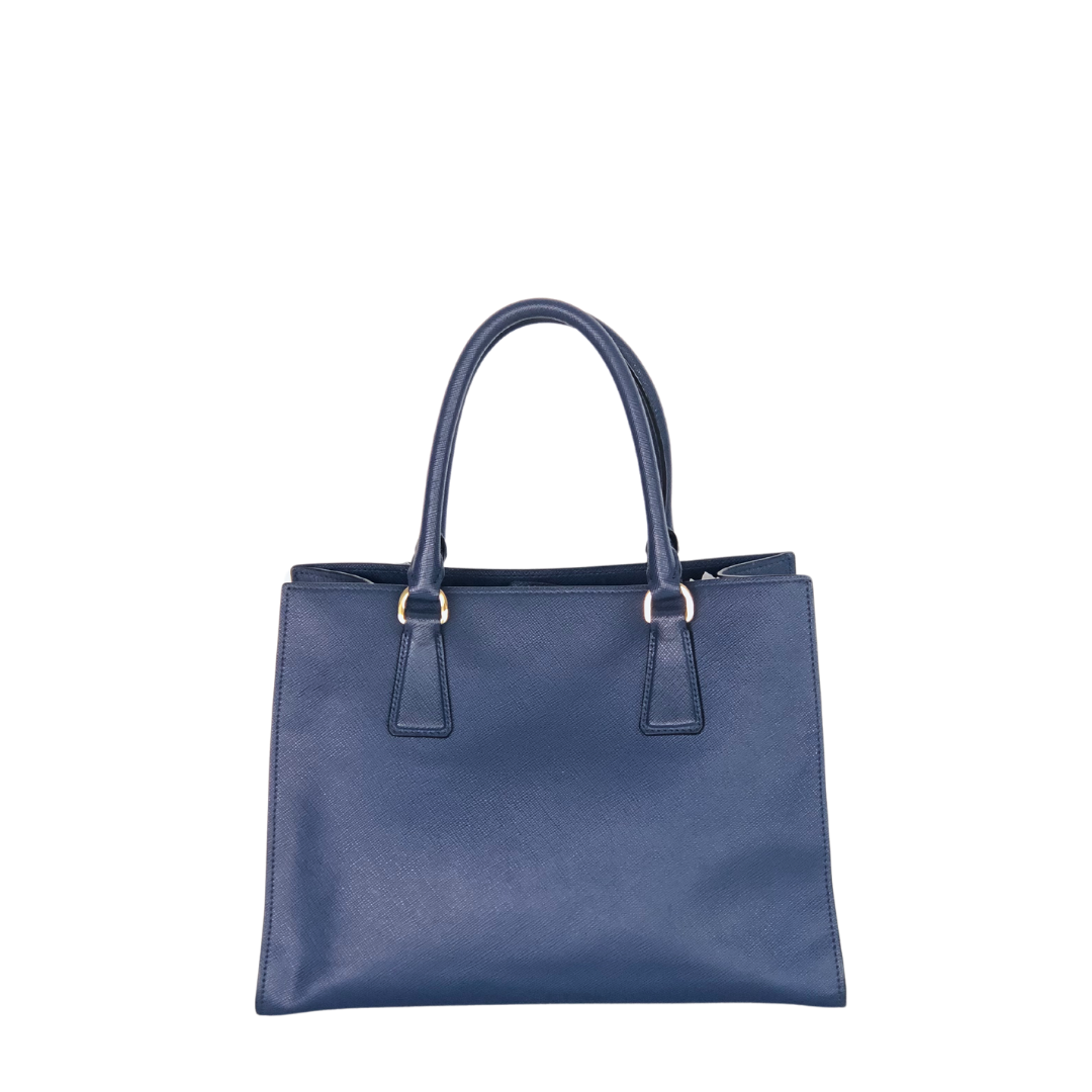 Prada Dark Blue Saffiano Leather Double Handle Open Tote Bag